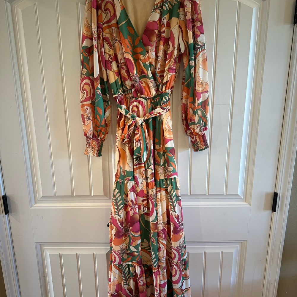 Flying Tomato Pink and Orange Resort Gown with Bishop Sleeves